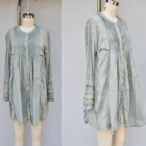 Johnny Was Heavily Embroidered Mini Dress Gray Button Down Bohemian Gypsy XS